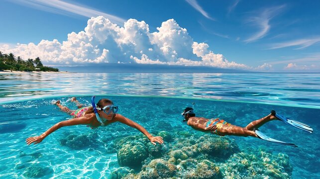Snorkelers floating in shallow turquoise water over coral reef with tropical island background