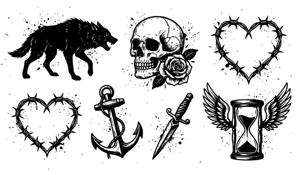 Set of gothic tattoo designs featuring a wolf and skull with barbed wire heart symbols hourglass illustration monochrome collection composition ornament detailed creative