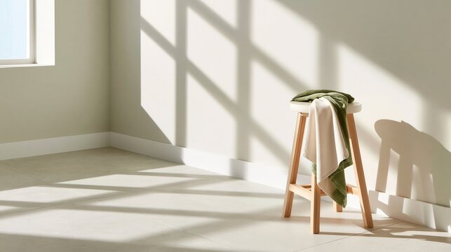 Bright empty room corner with wooden stool and draped green cloth under window light