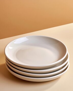 Stack of three plain ceramic plates on warm beige surface with soft lighting