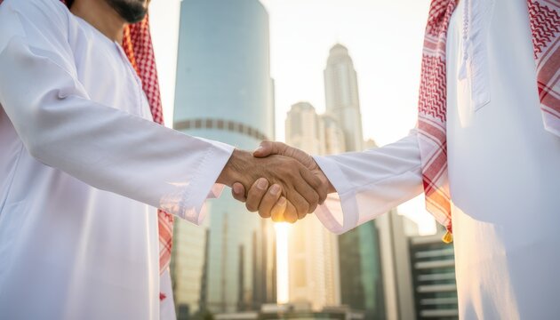 Two men in traditional Middle Eastern attire shake hands in a modern cityscape during sunset.