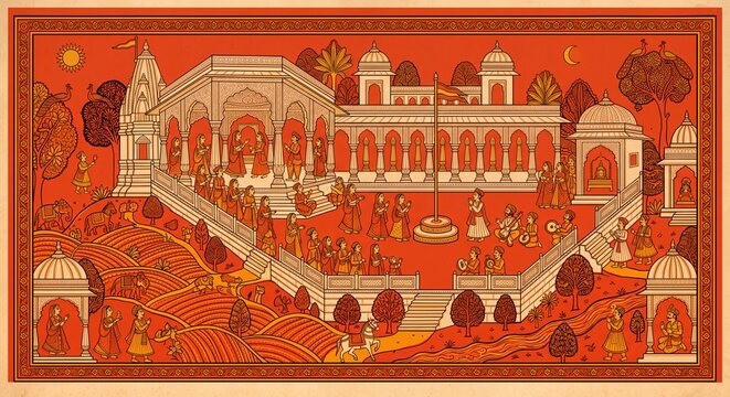 Temple courtyard and stepwell on a vermilion ground