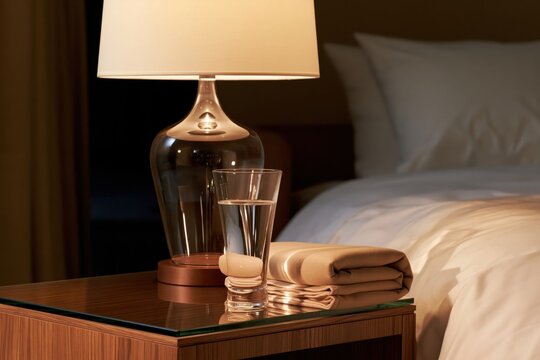 Nightstand with lamp glass of water and folded towel beside bed