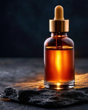 Amber glass dropper bottle with golden liquid standing on dark stone surface under warm lighting