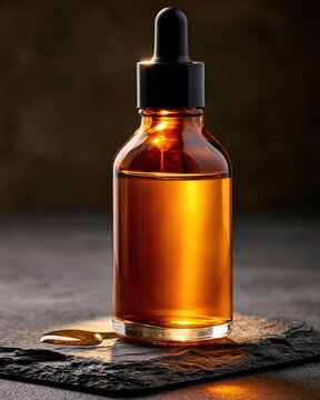 Amber glass dropper bottle with golden liquid standing on dark slate surface