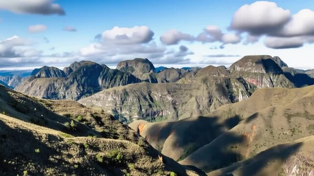Codo de los Andes Dramatic Mountain Ridges and Deep Valleys near Samaipata, Bolivia. Time Lapse. Establishing Shot. Aerial View.