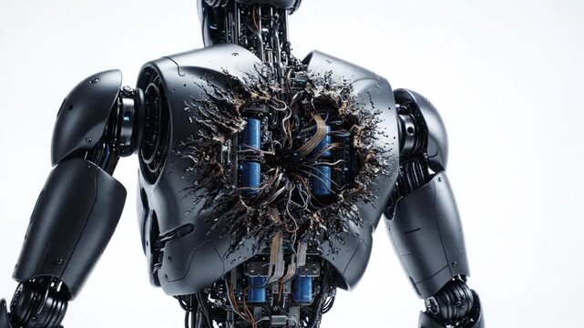 Futuristic humanoid android torso with glowing damaged chest mechanism exposed in bright studio lighting