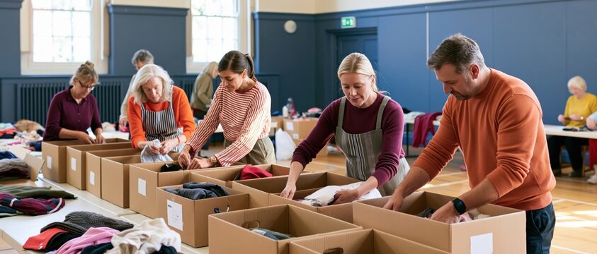 Volunteers sorting clothing donations in community hall