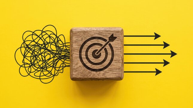 A wooden block with a target and arrow icon turns chaotic lines into clear arrows pointing right, symbolizing focus and clarity from confusion.