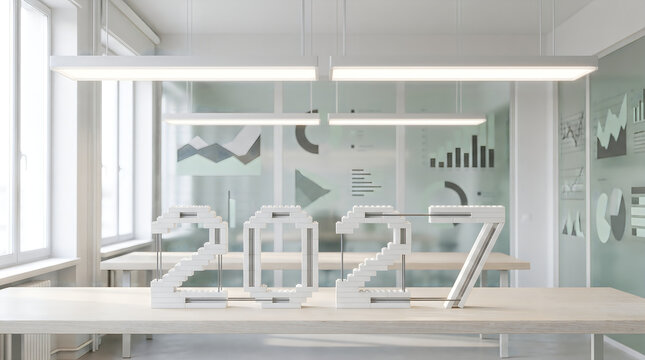 White ceramic blocks forming the number 2027 on a modern office desk