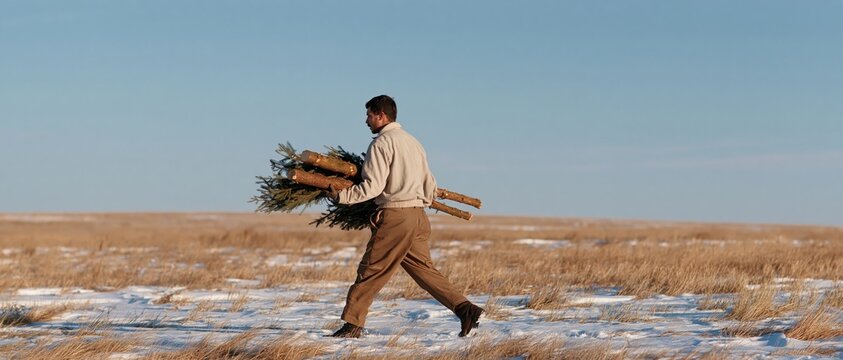 Worker carrying freshly cut tree through snow dusted field under clear sky