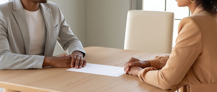 Two people seated at oak table with document, business meeting scene under soft light
