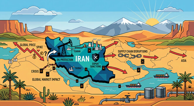 Iran Oil Crisis Flat Vector Map Concept: Global Market Disruptions, Sanctions, and Energy Supply Strategy Illustration