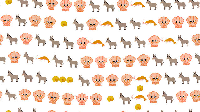 Cartoon donkeys, seashells, and shrimp pattern