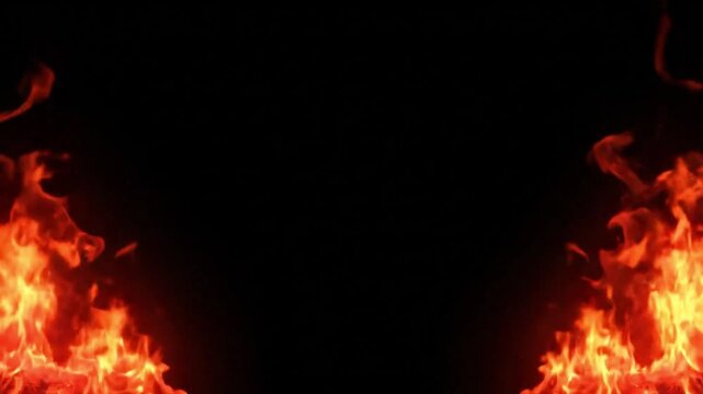Vibrant orange flames burning intensely on both bottom corners against dark black background