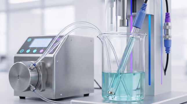 close-up of an automated potentiometric titration setup with a precision electrode immersed in a transparent glass vessel containing a pale turquoise solution, compact dosing unit and reagent tubing