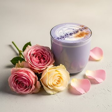 Pink and cream roses with frothy iced coffee drink in a glass cup