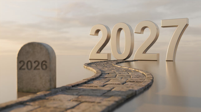 Stone pathway leading to 2027 with 2026 tombstone representing