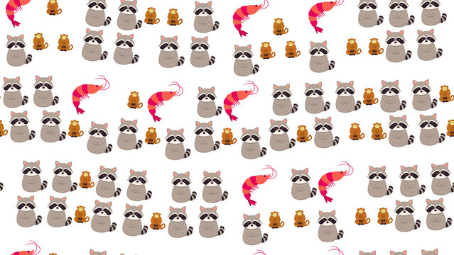Seamless pattern of cartoon raccoons, monkeys, and shrimps