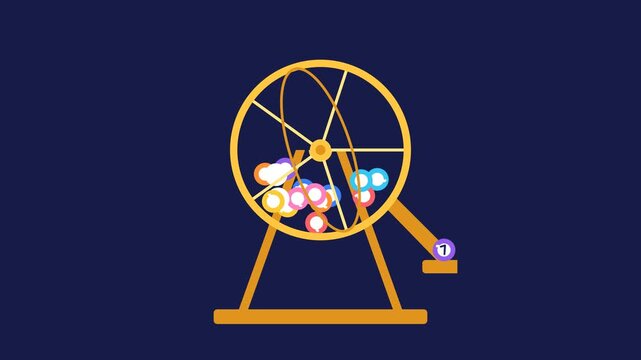 Golden raffle drum spins with colorful lottery balls tumbling inside, then one purple ball rolls down the chute and zooms in showing the number seven on navy
