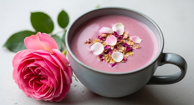 Pink rose next to a cup of tea with flower petals and spices