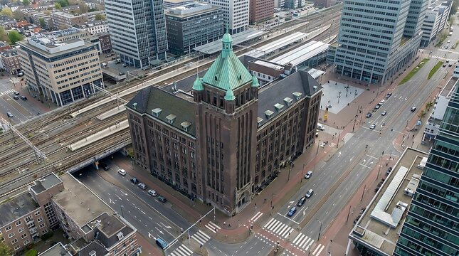 Aerial view of the historic white house building standing prominently in rotterdam city center with witte huis urban architecture dutch travel destination modern buildings high rise