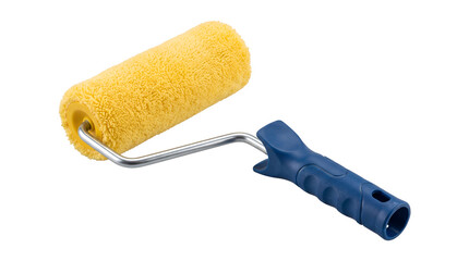Yellow paint roller tool with fluffy fleece cover for wall painting, professional roller brush for house decoration and interior renovation, isolated transparent background cutout PNG element © AK isolated assets
