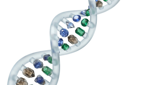 DNA double helix made of colorful gemstones, clear crystal genetic strand with sapphires emeralds and diamonds isolated on white
