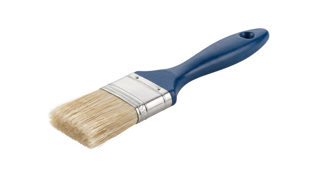 Blue handle paint brush with natural bristles for wall painting, flat paintbrush tool for home renovation and woodwork finishing, isolated transparent background cutout PNG element