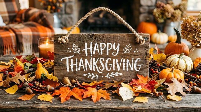 Rustic happy thanksgiving wooden sign surrounded by autumn leaves and decorative pumpkins on a cozy table setting