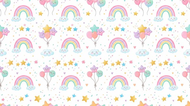 Seamless Kawaii Pattern Featuring Cute Smiling Rainbows, Pastel Balloons, Fluffy Clouds, and Golden Stars; Ideal for Kids Nursery Wallpaper, Children Textile Prints, and Birthday Party Backgrounds