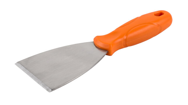 Stainless steel putty knife tool with orange handle for drywall patching, flexible metal scraper blade for painting preparation and home repair, isolated transparent background cutout PNG