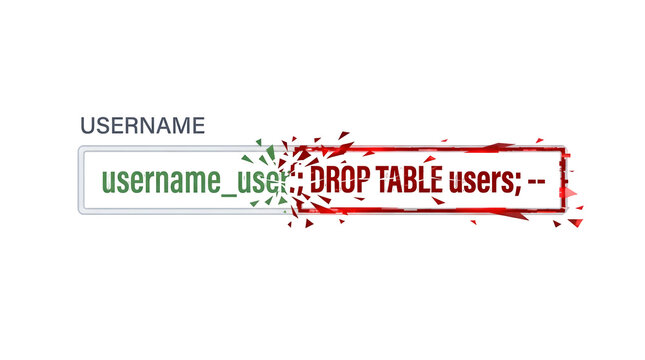 Username input field with malicious SQL injection DROP TABLE command stamp. Can use for web vulnerability guides, database security training, cyber defense blogs, and coding safety.