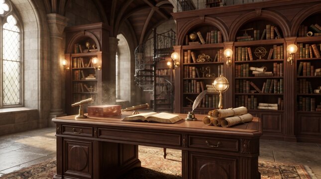 An old study room interior featuring a large wooden desk, ancient books, scrolls, and bookshelves inside a historic gothic library with sunlight