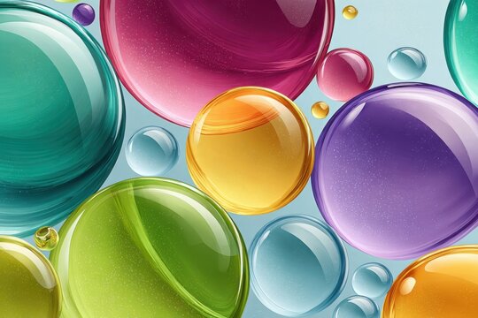 Colorful translucent spheres floating in liquid with glitter particles, abstract composition of oil droplets and water bubbles