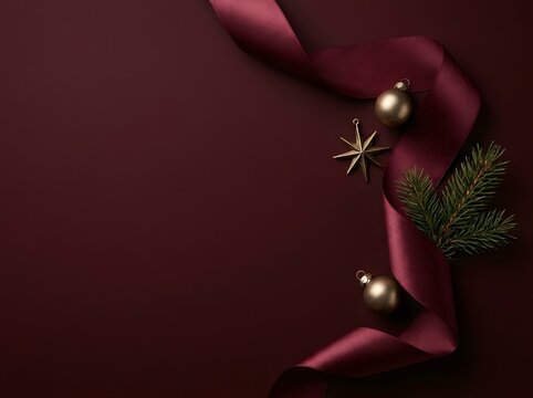 Christmas festive background featuring maroon silk ribbon and golden ornaments with fir branches for holiday season invitations.