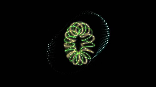 Vertical capsule shape made of colorful neon rings on black background 4k video.