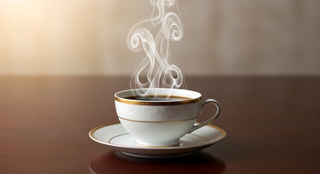Steaming cup of coffee on a saucer with elegant handle