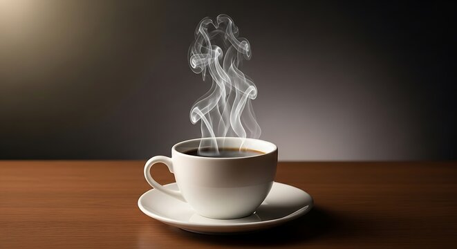 Steaming hot coffee in a cup on a wooden table with soft background lighting