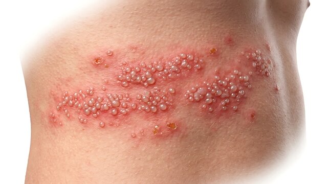 Detailed Medical View of Shingles (Herpes Zoster) Rash with Clusters of Fluid-Filled Blisters and Redness on Human Skin