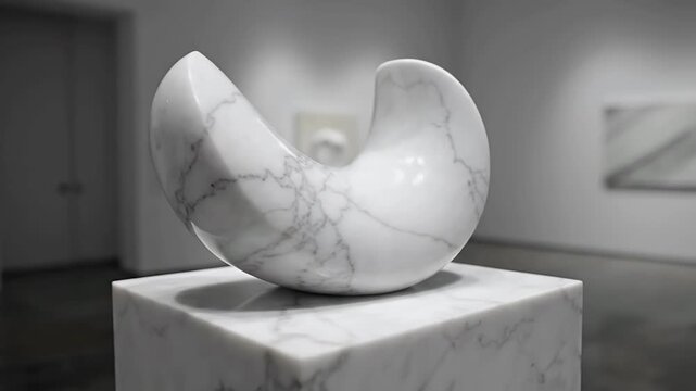 White marble abstract sculpture on display in gallery