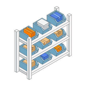 A white shelving unit holds blue bins, orange trays, ys and tan parcels on angled shelves. Open containers occupy the top tier above the braced frame.