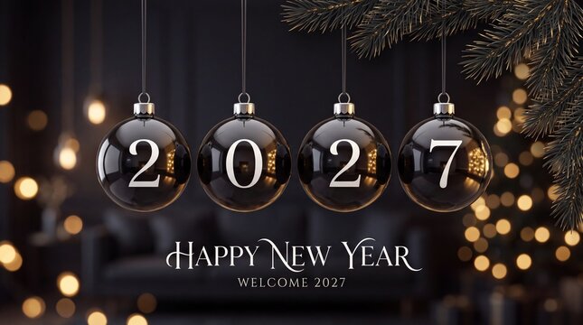 Four black christmas baubles hanging with the numbers 2027 for a happy new year celebration