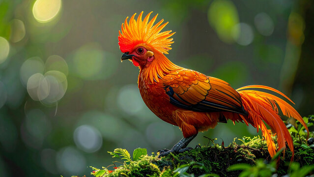 Male Andean Cock-of-the-Rock with Brilliant Orange Plumage Perched in a Tropical Rainforest