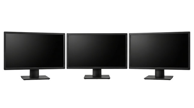 Triple Computer Monitor Mockup Setup with Blank Black Screens Isolated on Transparent Background for Workstation Gaming and Business Display Presentation