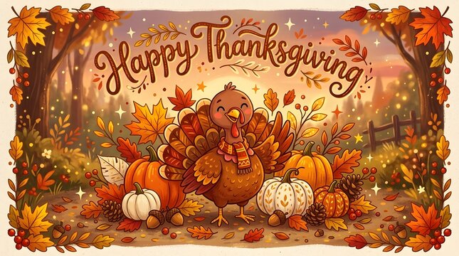 A festive thanksgiving greeting card illustration featuring a cornucopia filled with autumn harvest vegetables and fall foliage