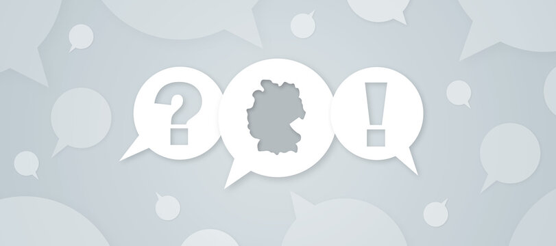 Graphic design featuring speech bubbles with a question mark, a map of Germany, and an exclamation mark on a light background for FAQ and help sections.