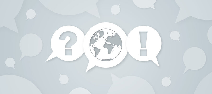 Modern website FAQ banner graphic on grey background with white speech bubbles containing a question mark, world map, and exclamation point, symbolizing global questions and solutions.