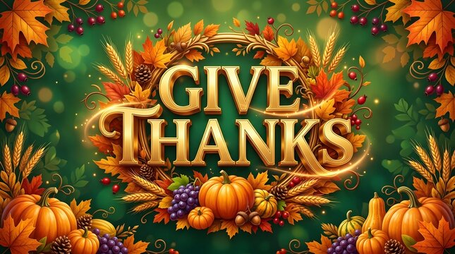 Give thanks text sign surrounded by festive autumn harvest pumpkins and colorful fall foliage on green background