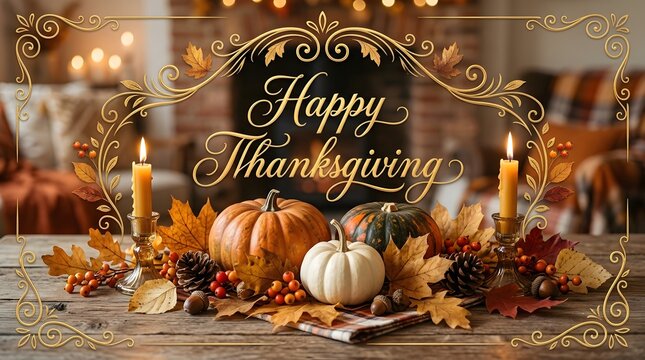Elegant happy thanksgiving greeting card featuring pumpkins candles and autumn leaves on a rustic dining table background